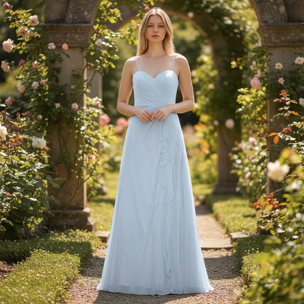 Mori Lee Madeline Gardner Sky Blue Chiffon Bridesmaid Gown 21510 Size 6